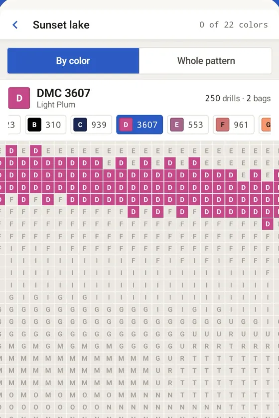 Making a diamond painting by color on an Android phone: DMC 3607 lit with its symbol, 250 drills and 2 bags