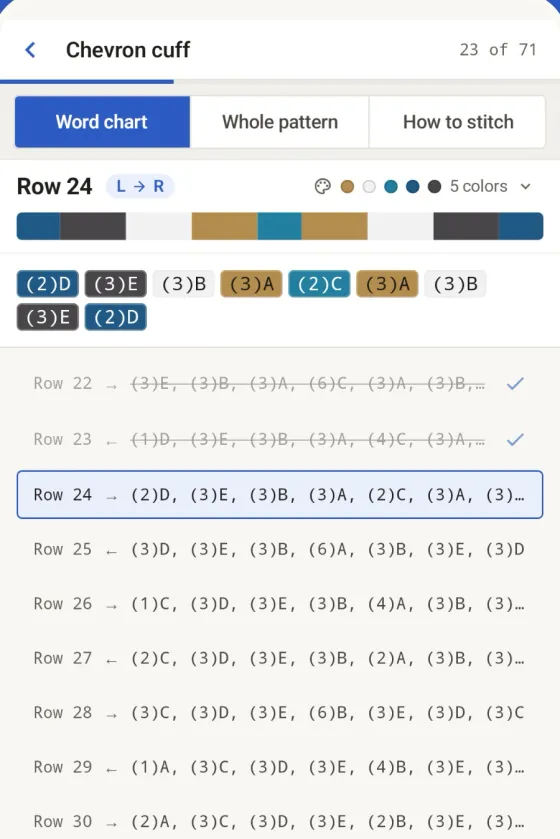 The companion view on an Android phone: the current row as a word chart, earlier rows checked