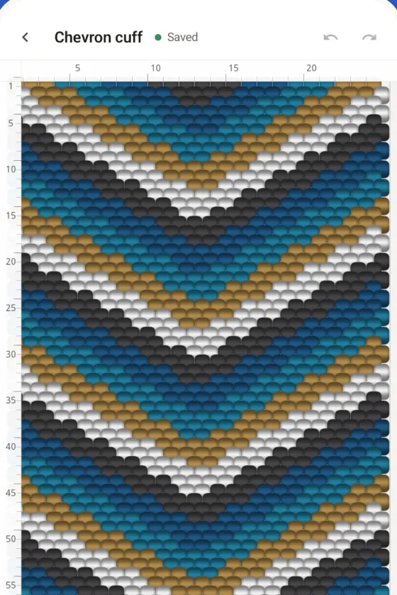 A chevron cuff in peyote open on an Android phone, with row and column rulers
