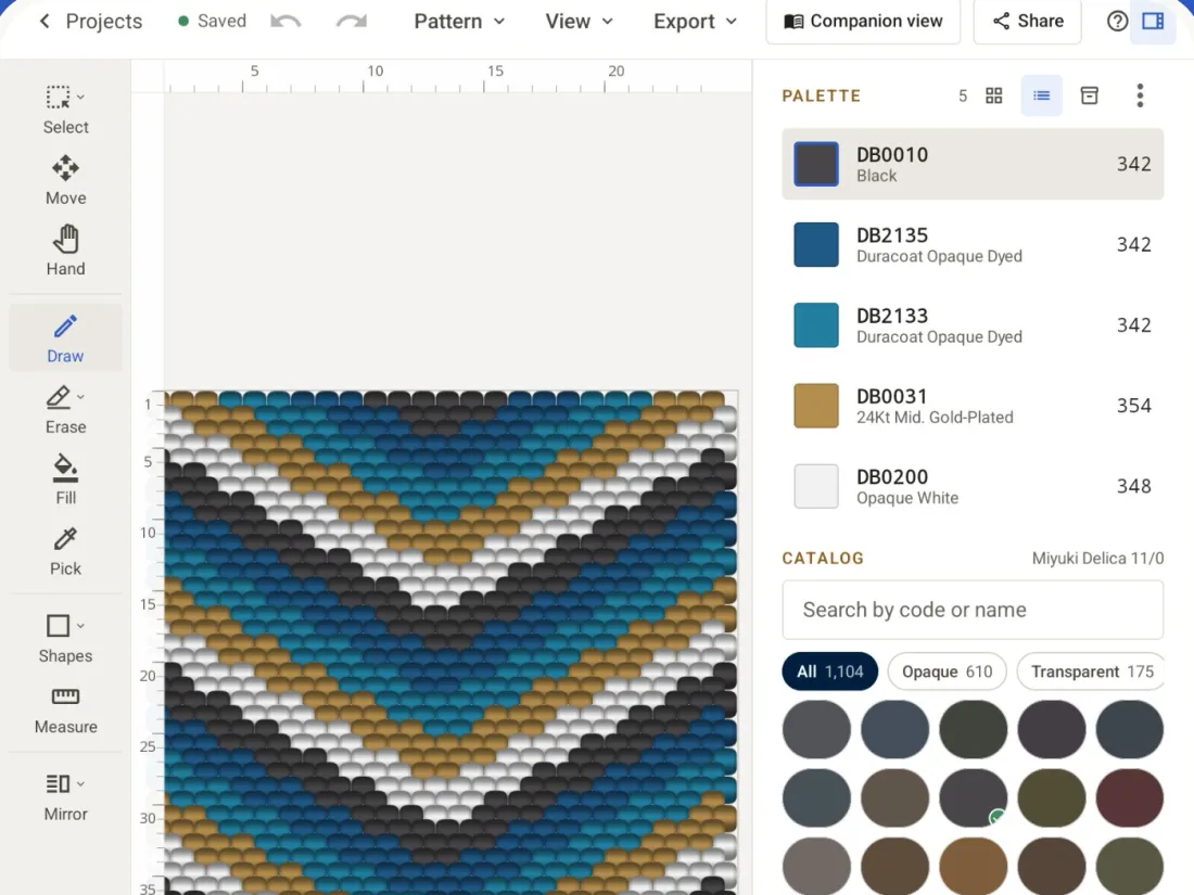 The CraftCanvas editor on an Android tablet: a peyote cuff beside the palette listing five Delica codes and their counts
