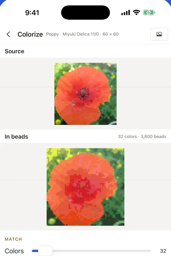 A photo of a poppy beside the bead pattern Colorize made from it, on an iPhone