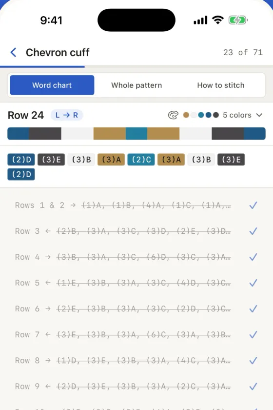 The companion view on an iPhone: row 24 spelled out as a word chart, rows 1 to 23 checked