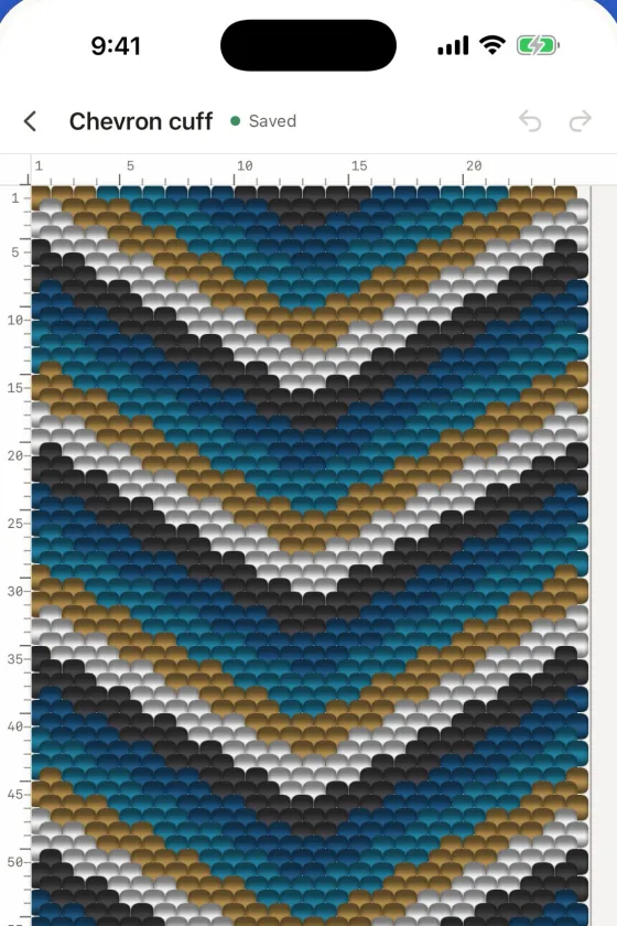 A chevron cuff in peyote open on an iPhone, with row and column rulers