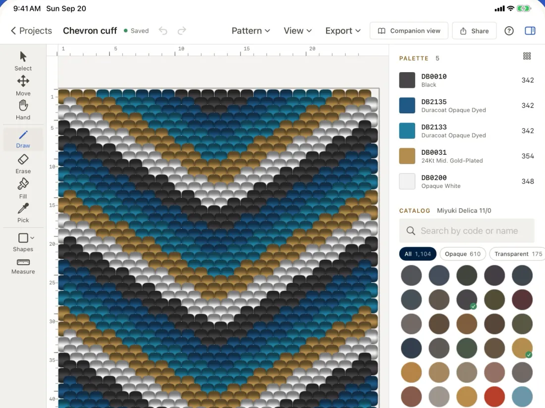 The CraftCanvas editor on an iPad: a peyote cuff beside the palette listing five Delica codes and their counts