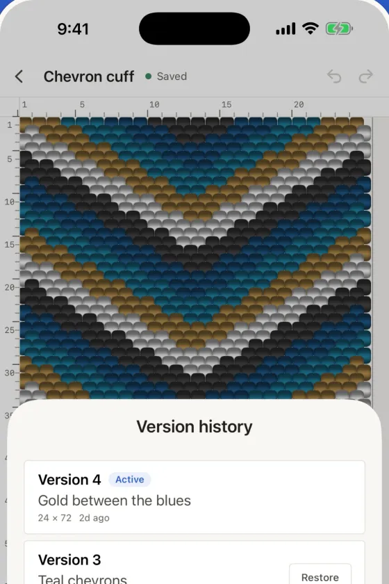 Saved versions of a pattern listed on an iPhone