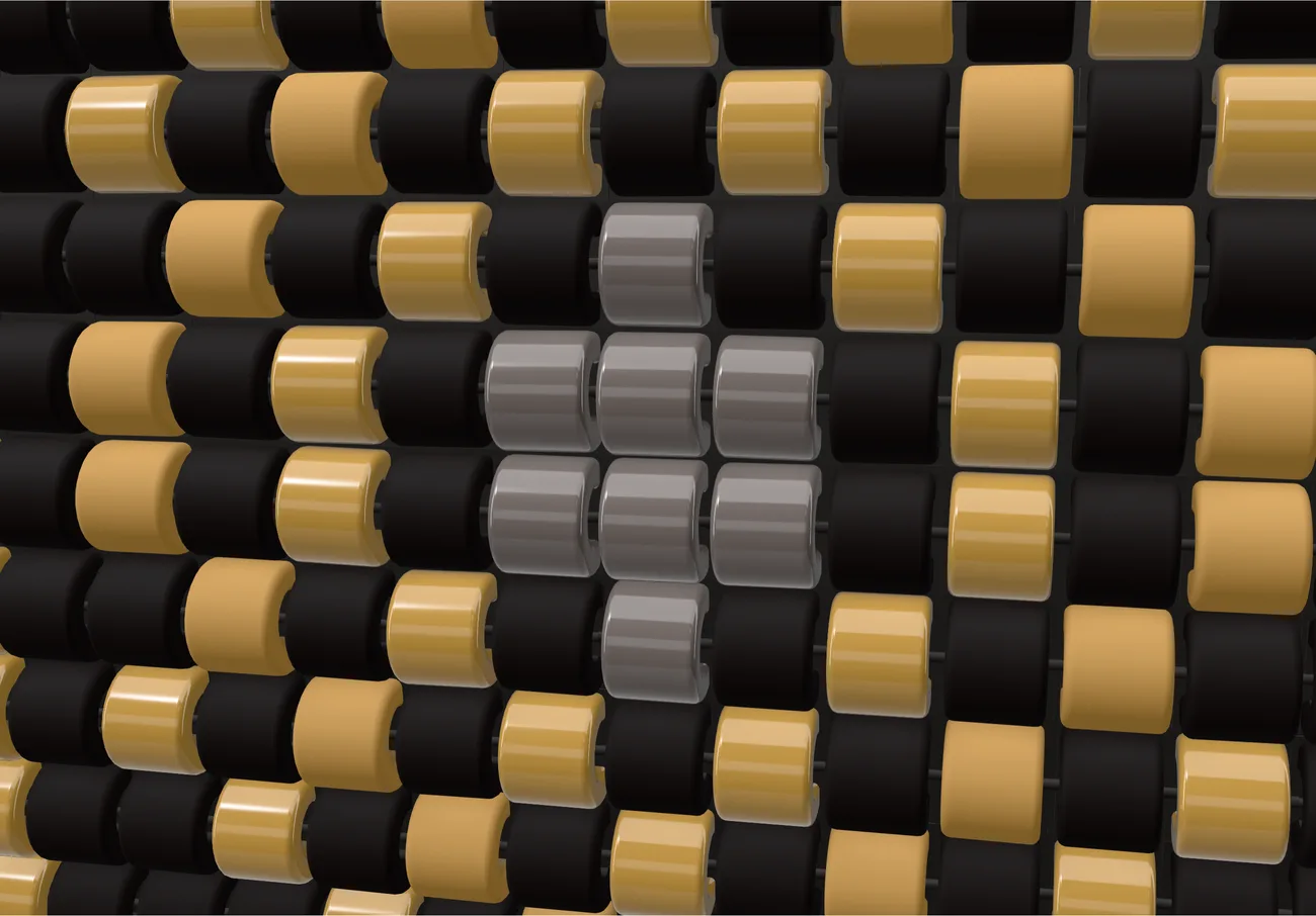 Close up of the Midnight deco bangle: glossy gold, matte gold, matte black and palladium Delicas side by side