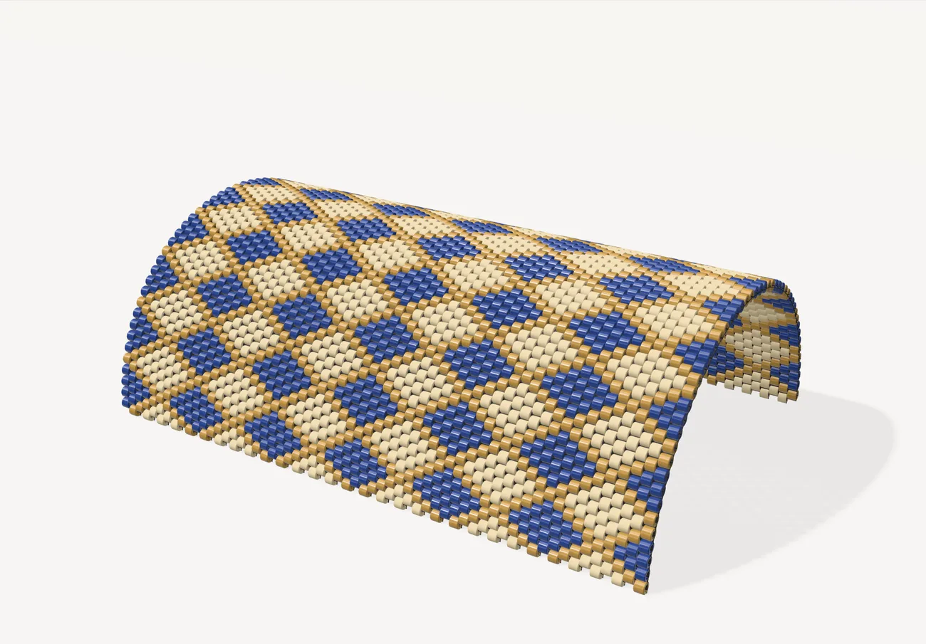 Harlequin cuff in peyote as an open cuff in blue, cream and gold Delicas