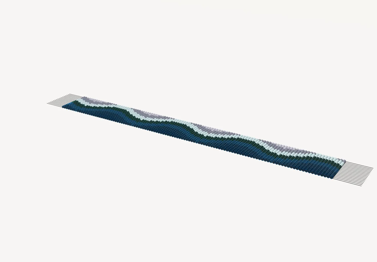 Ocean wave as a flat loom strip with its thread ends showing